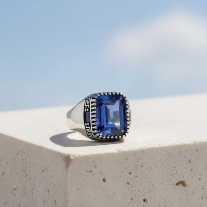 Blue Zircon Stone Men's Silver Ring