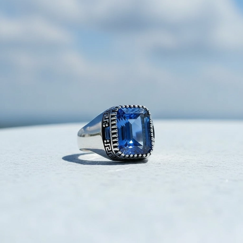 Blue Zircon Stone Men's Silver Ring