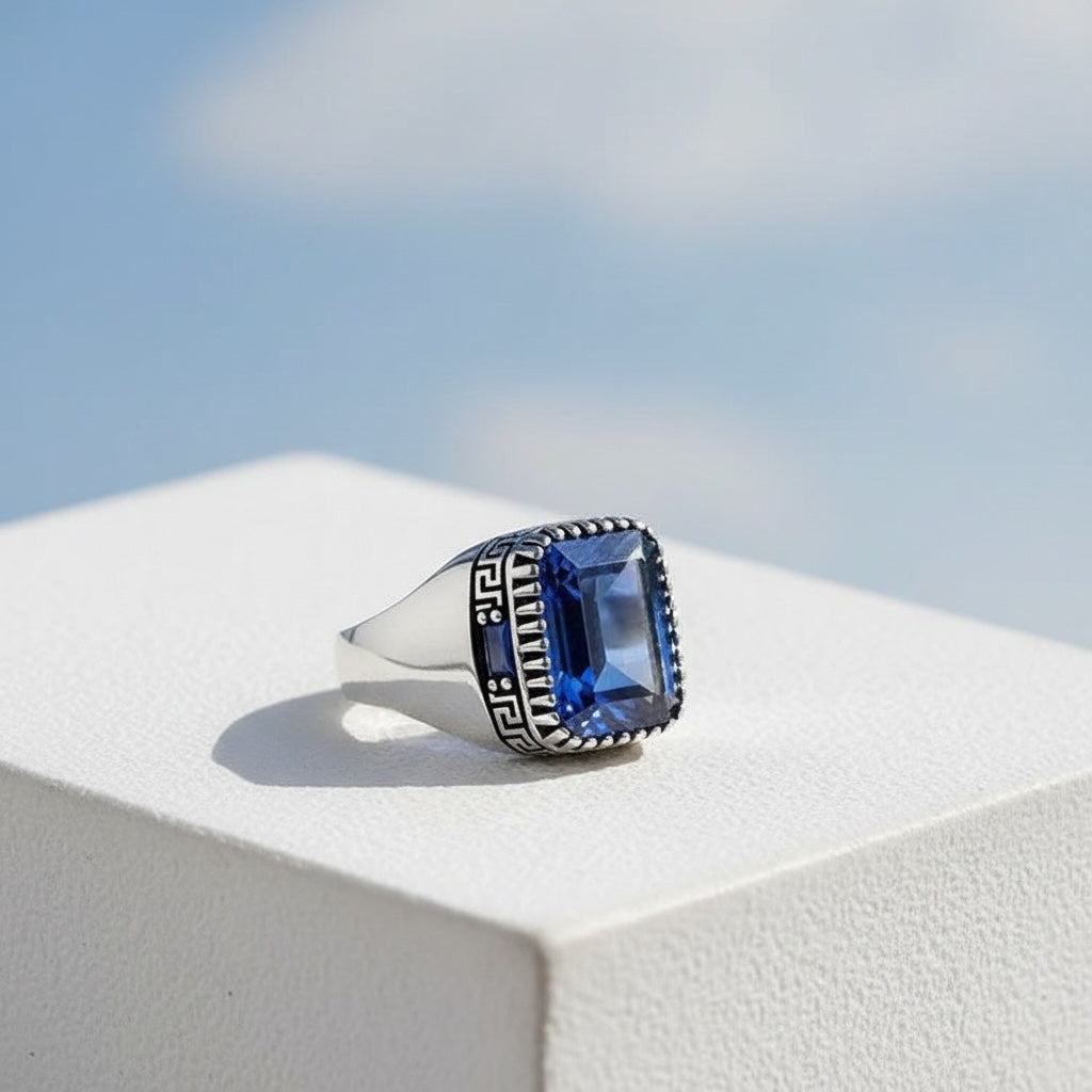 Blue Zircon Stone Men's Silver Ring
