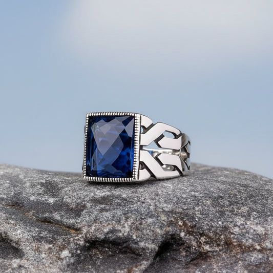 Blue Zircon Stone Men's Silver Ring