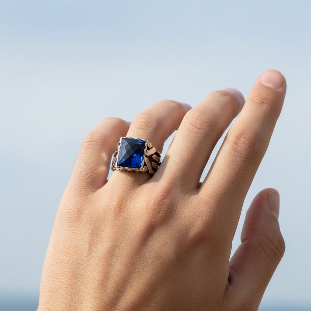 Mavi Zirkon Taşlı Erkek Gümüş Yüzük