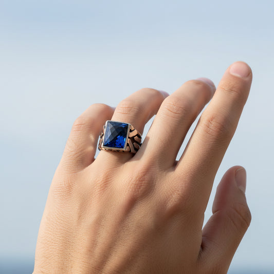 Blue Zircon Stone Men's Silver Ring