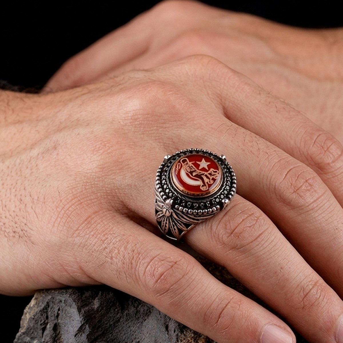 Atatürk Crescent & Star Men's Ring | 925 Sterling Silver