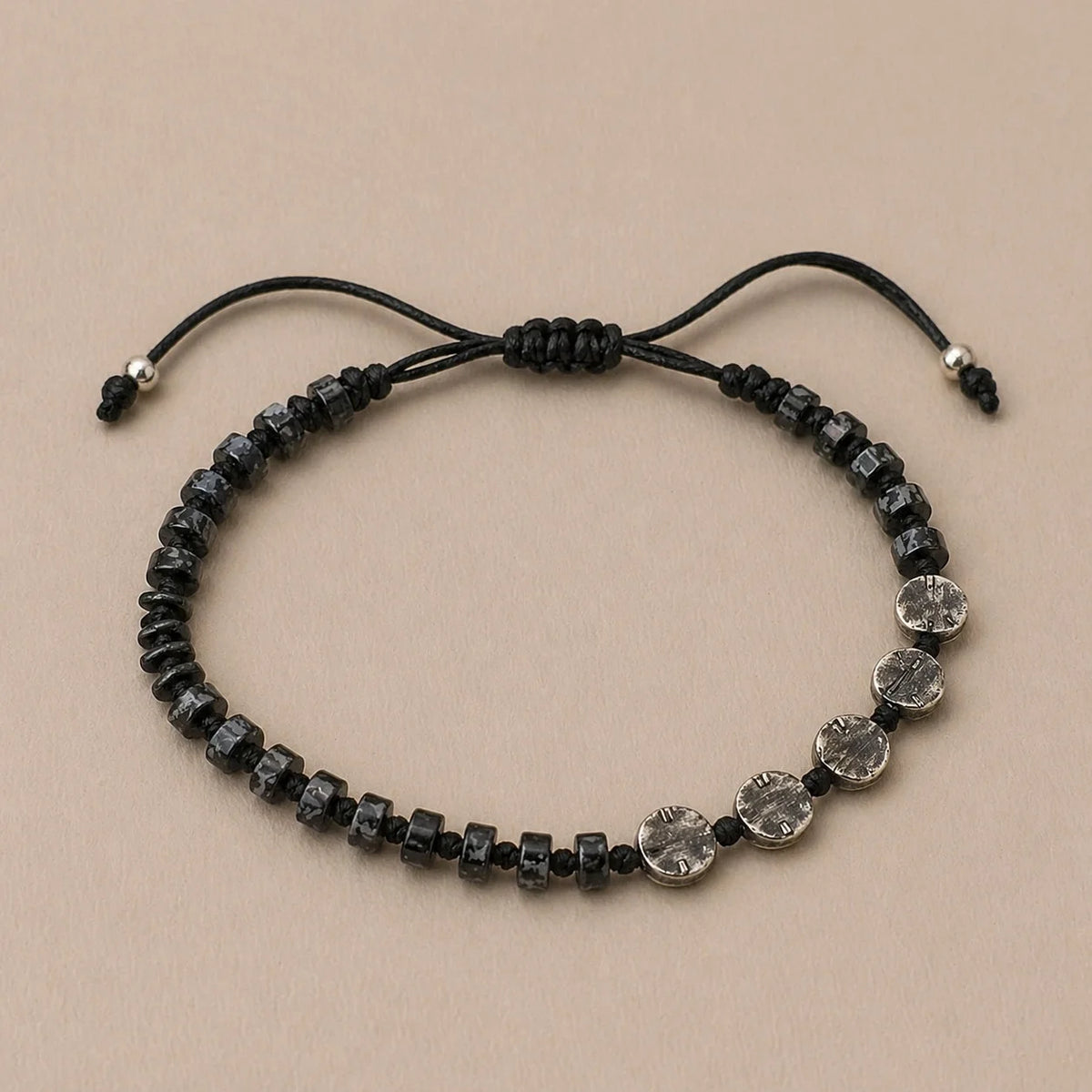 Bracelet Homme Obsidienne Flocon de Neige & Macramé | Argent 925