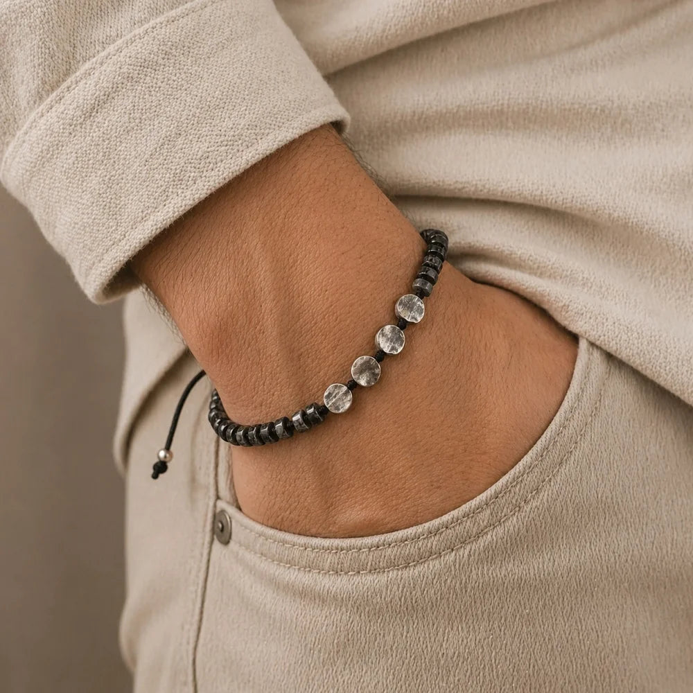 Bracelet Homme Obsidienne Flocon de Neige & Macramé | Argent 925