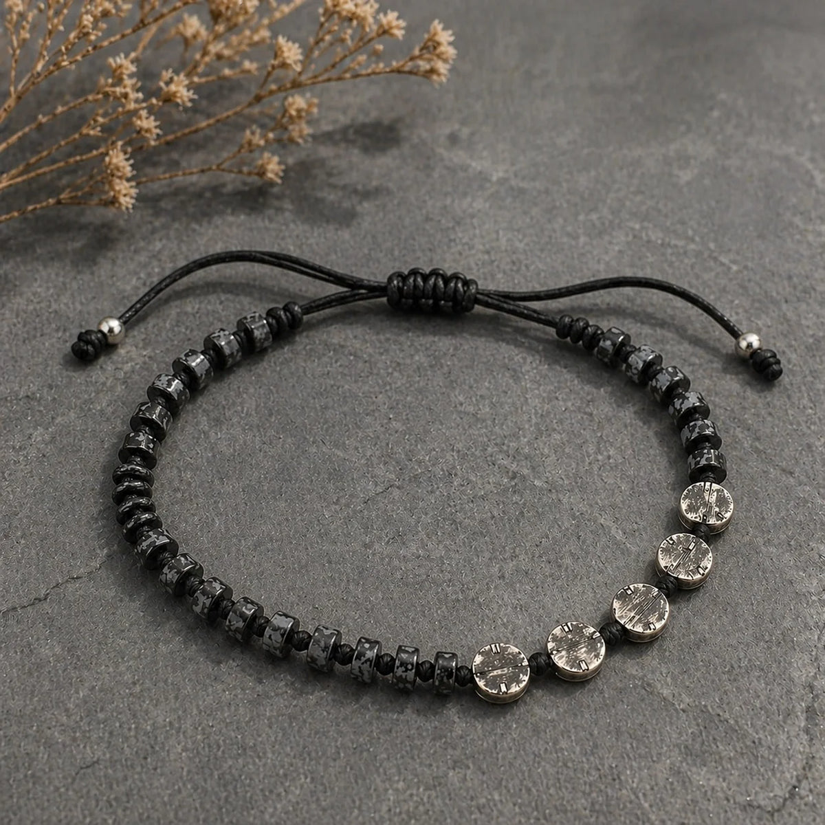 Bracelet Homme Obsidienne Flocon de Neige & Macramé | Argent 925