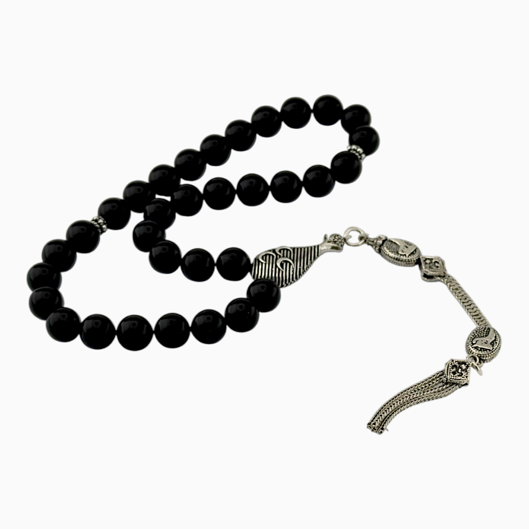 Onyx Tasbih with Three Crescents & Wolf | 925 Silver