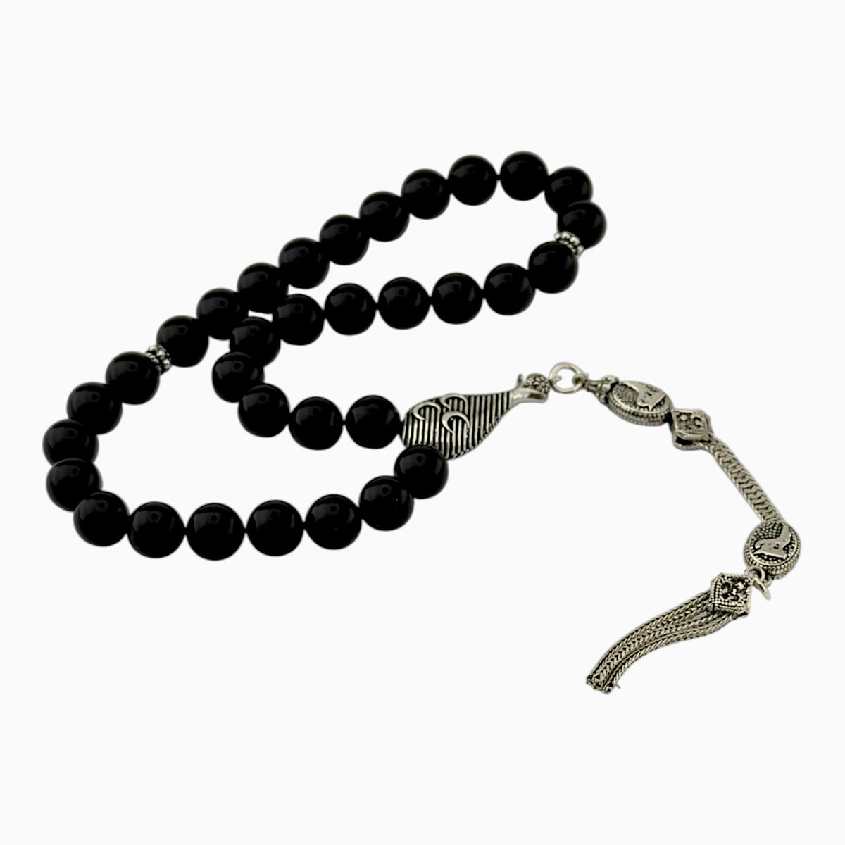 Onyx Tasbih with Three Crescents & Wolf | 925 Silver