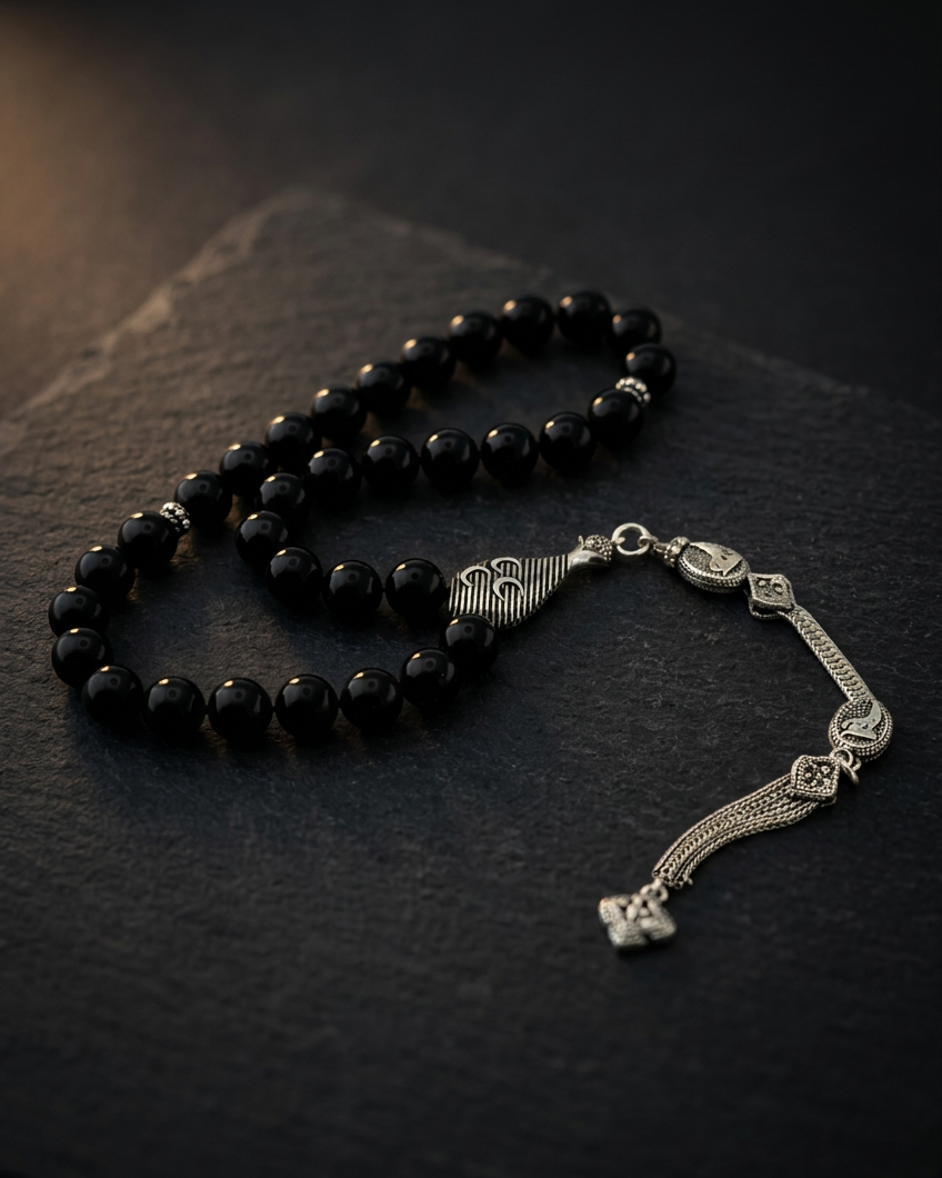 Onyx Tesbih met Drie Halve Manen & Wolf | 925 Zilver