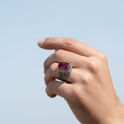 Kırmızı Zirkon Taşlı Erkek Gümüş Yüzük