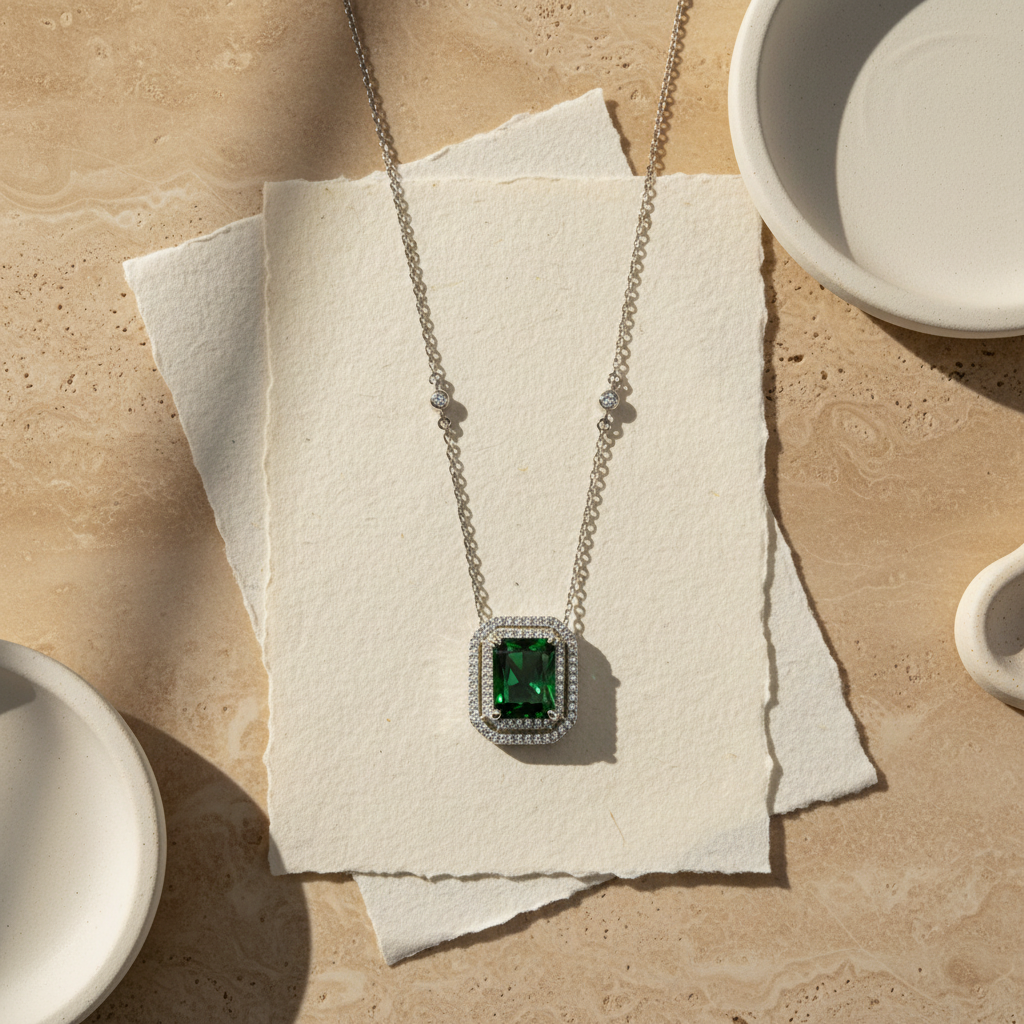Diamond Style Zümrüt Renk Gümüş Kolye