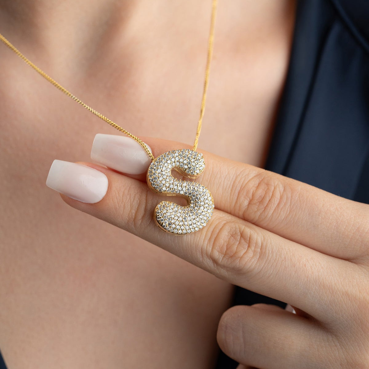 Balloon Letter Necklace - 925 Sterling Silver - Zircon Stone