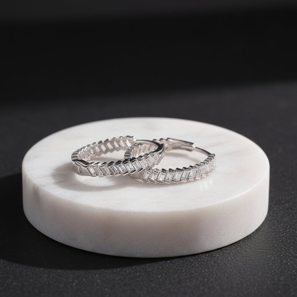 925 Sterling Silver Baguette Stone Hoop Earring