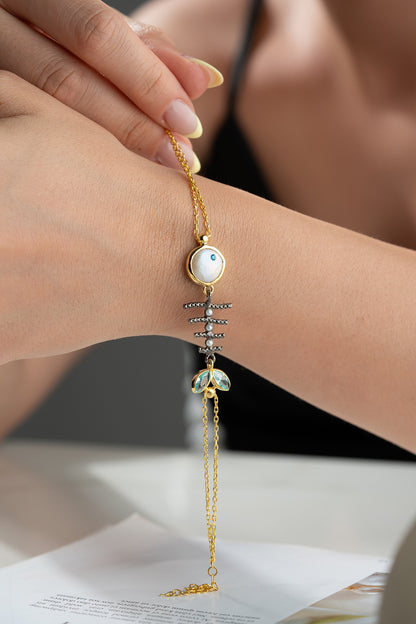 Balık Figürlü Taş Detaylı 925 Ayar Gümüş Bileklik