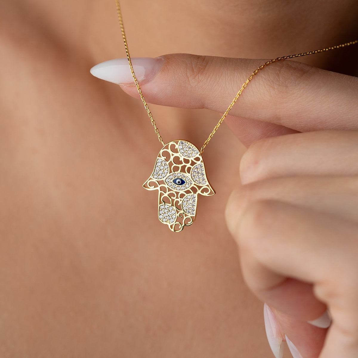 Hamsa Hand Figured Necklace - 925 Sterling Silver