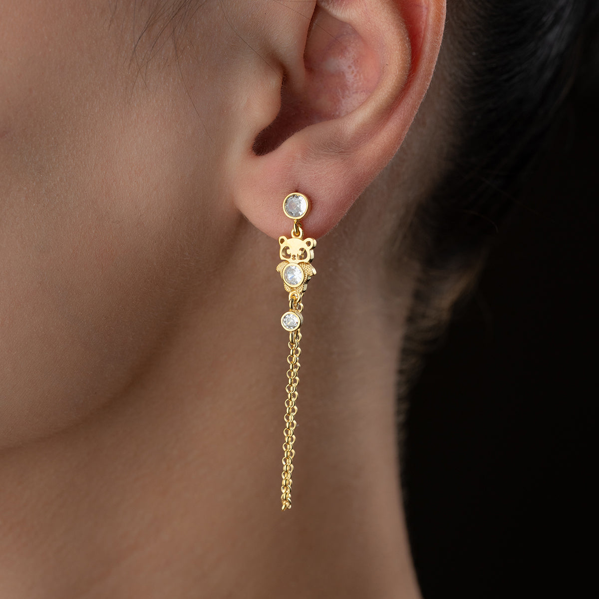 Panda Earrings with Dangle Chain - 925 Sterling Silver