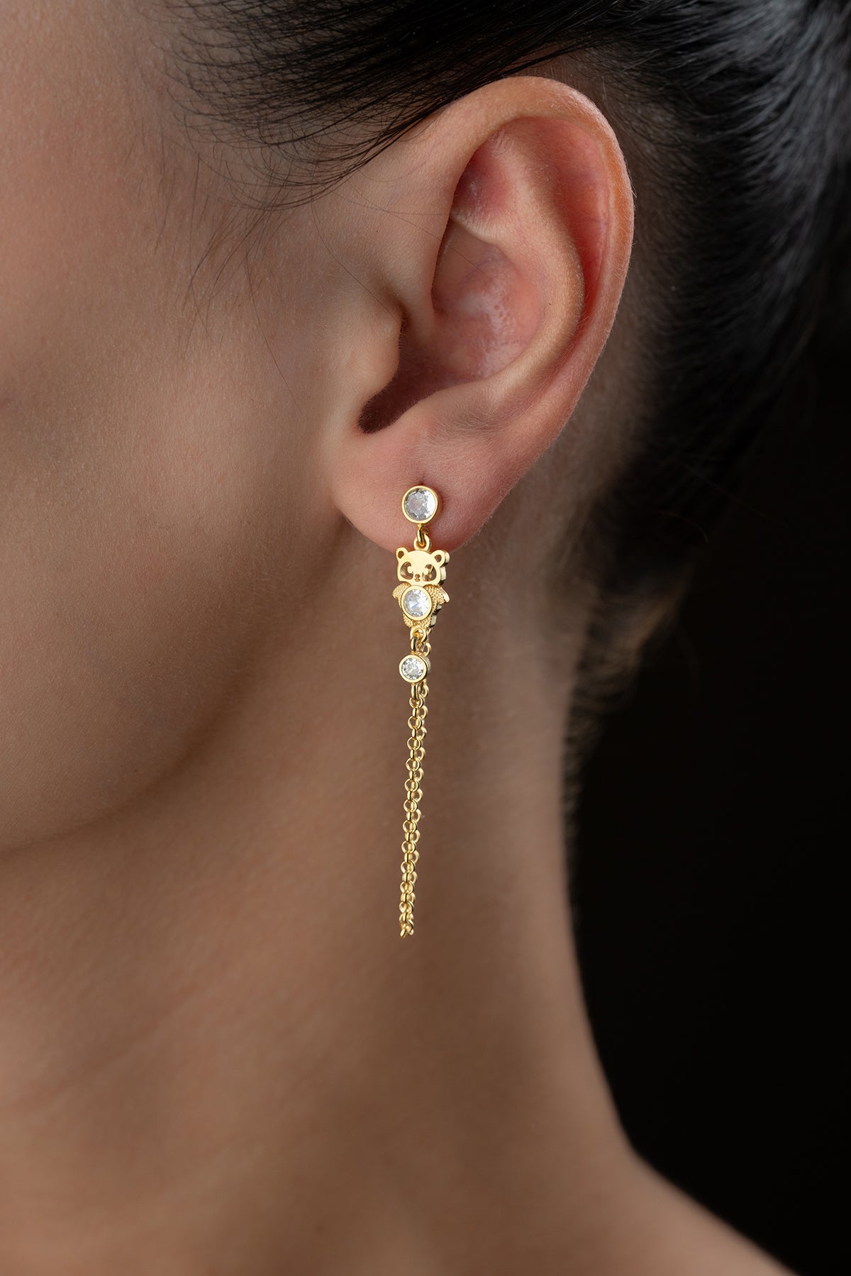 Sallantılı Zincirli Panda Küpe - 925 Ayar Gümüş