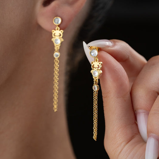 Sallantılı Zincirli Panda Küpe - 925 Ayar Gümüş