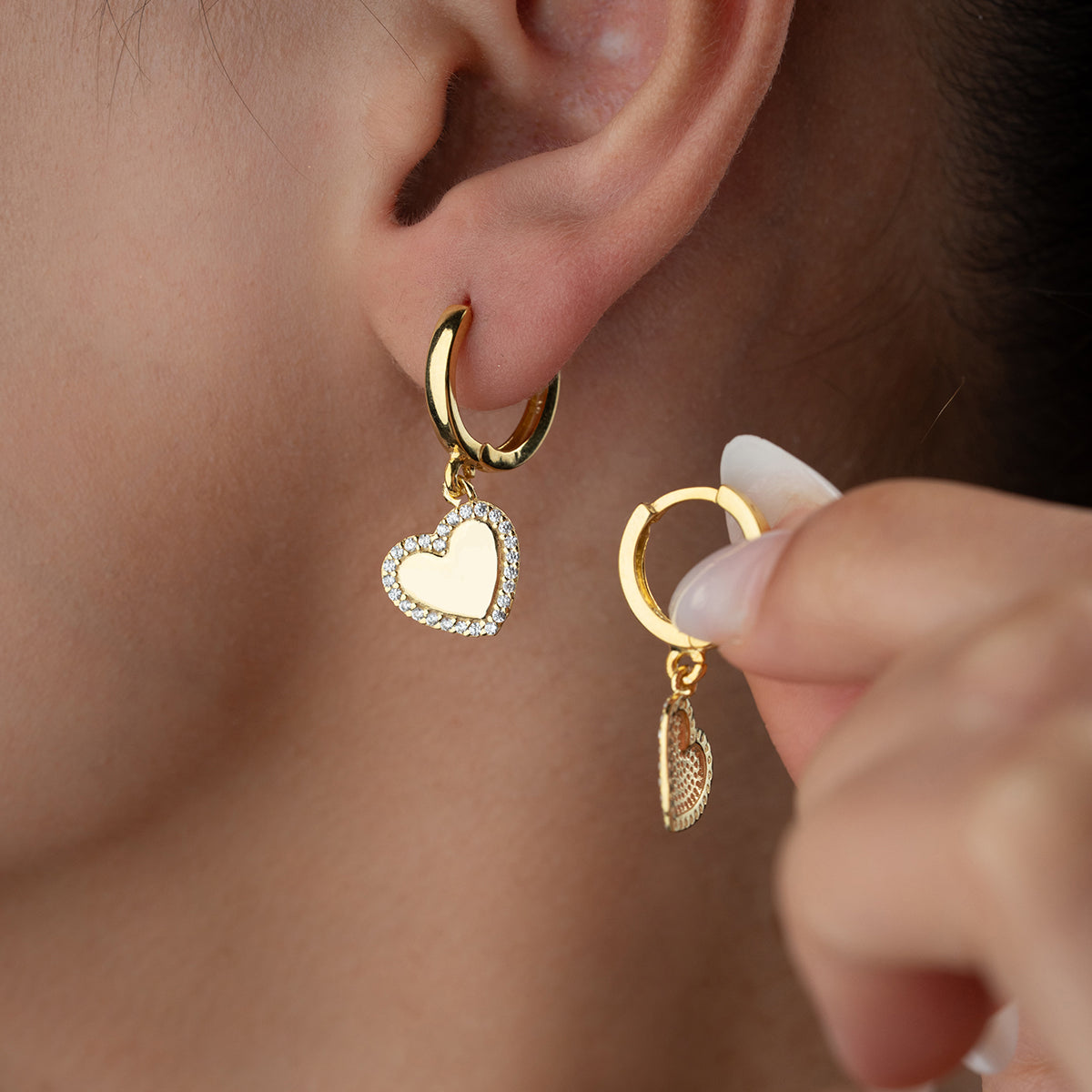 Heart Figured Stone Decorated Hoop Earrings