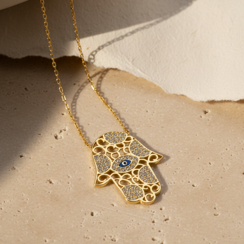 Hamsa Hand Figured Necklace - 925 Sterling Silver