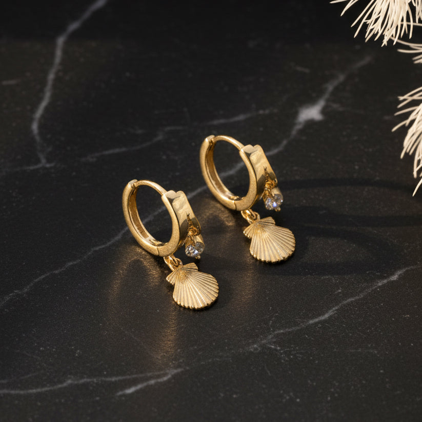 Stone Detailed Hoop Earrings with Shell Figures