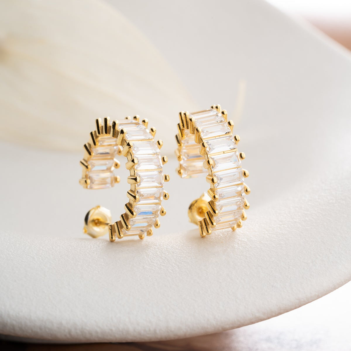 Baguette stone ring earrings - 925 sterling silver - gold plated