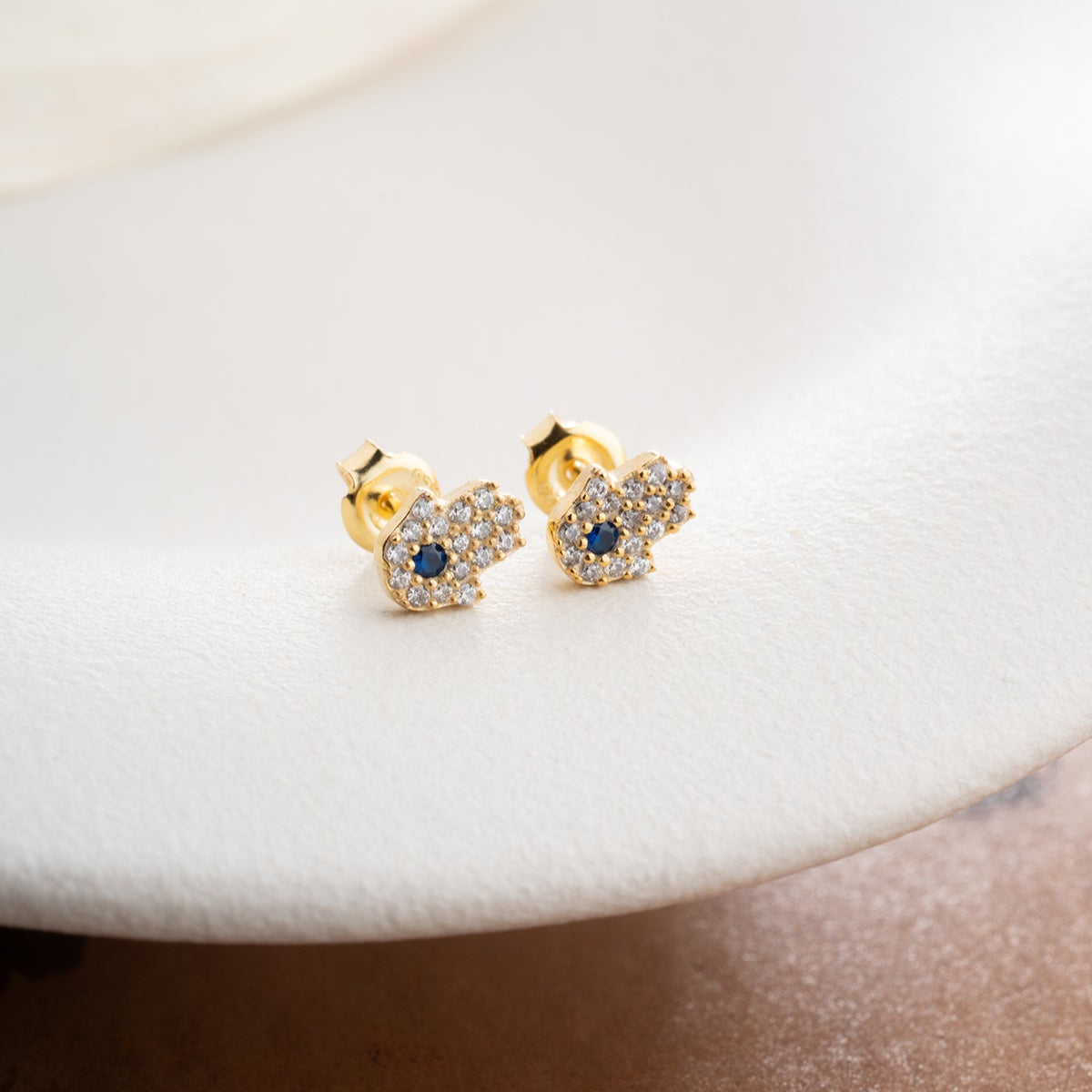 Mavi Taşlı Hamsa Küpe – 925 Ayar Gümü