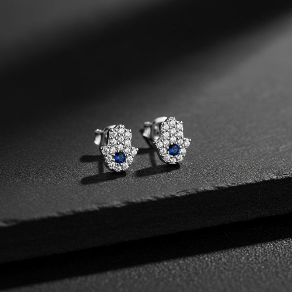 Blue Stone Hamsa Earrings - 925 Sterling Silver