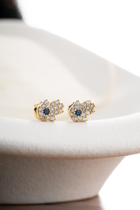 Mavi Taşlı Hamsa Küpe – 925 Ayar Gümü