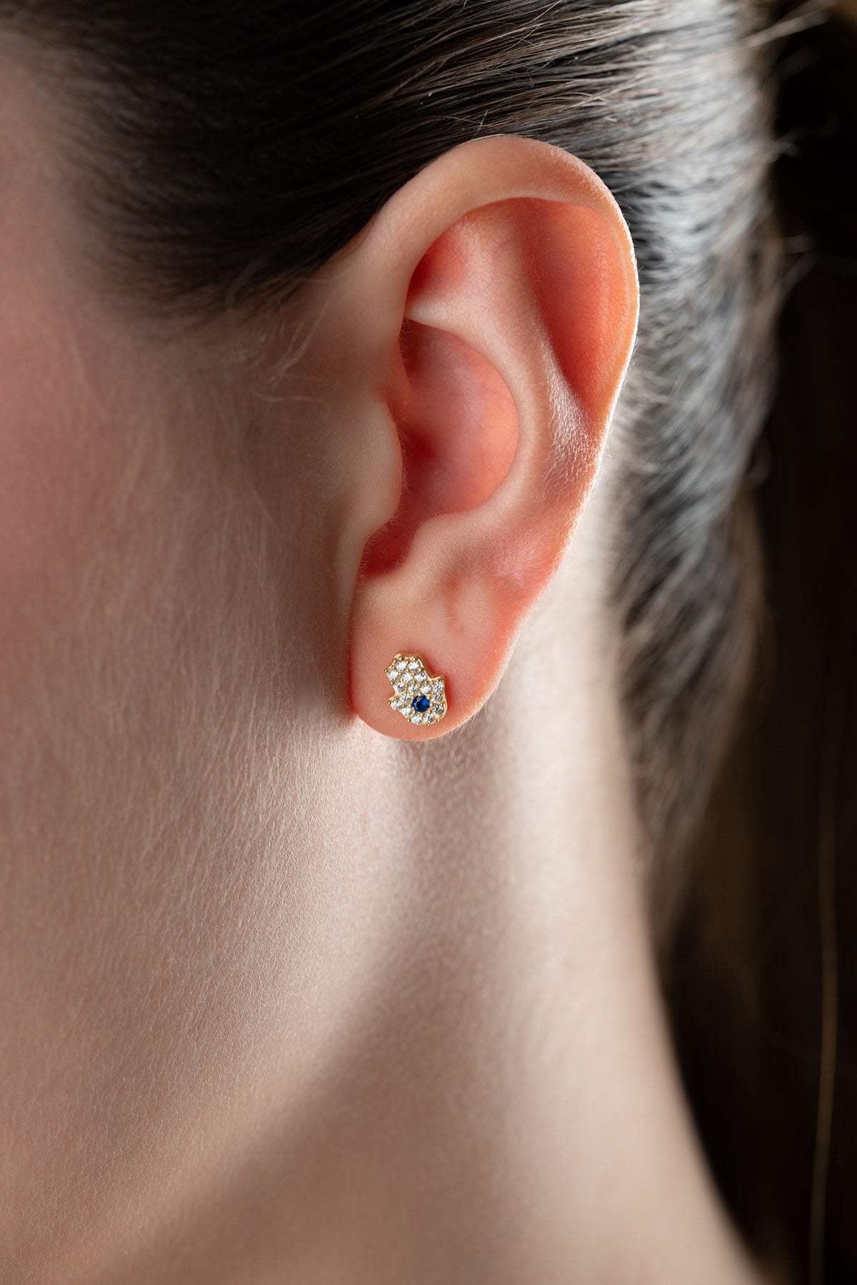 Mavi Taşlı Hamsa Küpe – 925 Ayar Gümü