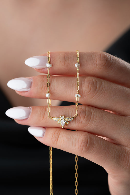 Pearl Bee Shine İncili Arı Gümüş Kolye