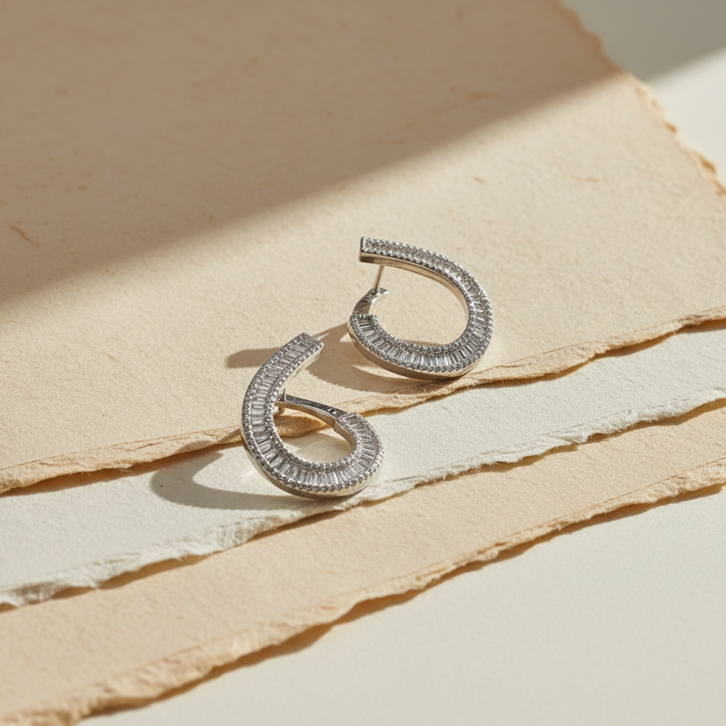 Diamond Style Baget ve Zirkon Gümüş Küpe Seti