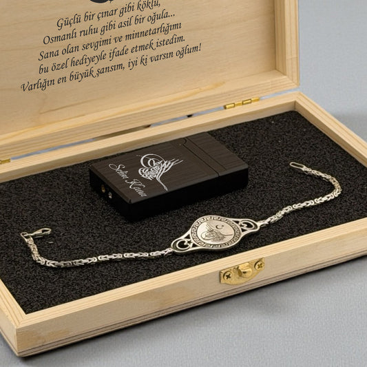 Osmanlı Tuğralı Hediye Seti – Kral Zincirli Bileklik & Çakmak