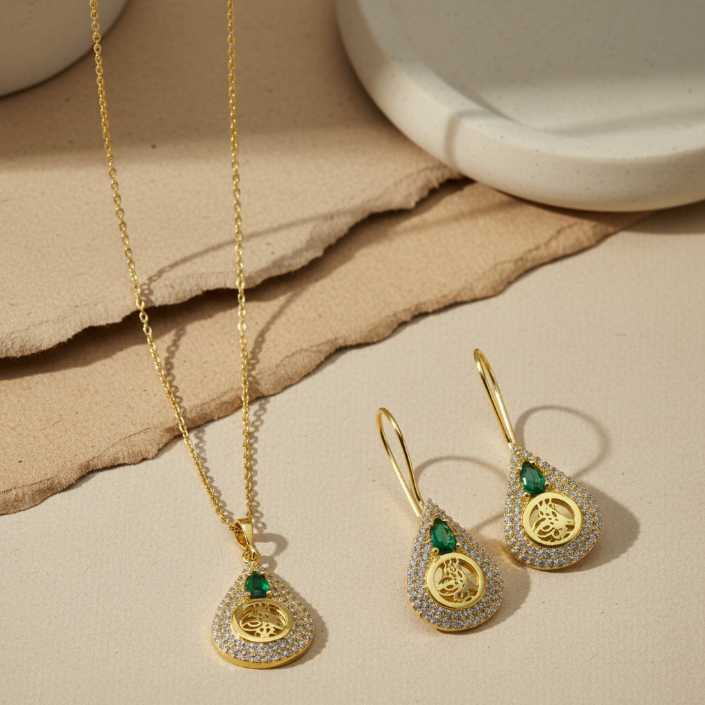 Osmanlı Tuğralı Yeşil Taşlı Set | 925 Ayar Gümüş