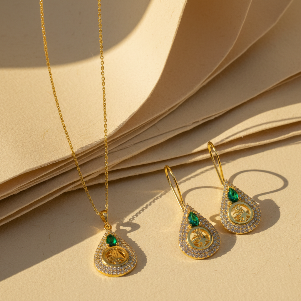 Osmanlı Tuğralı Yeşil Taşlı Set | 925 Ayar Gümüş