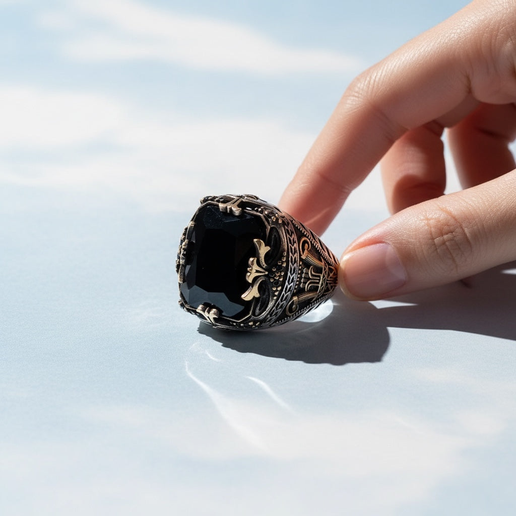 Black Zircon Stone Men's Silver Ring