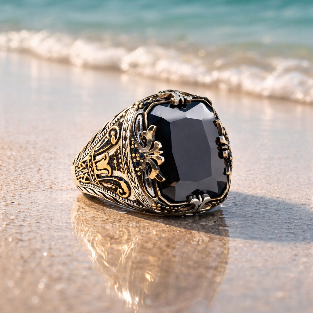 Black Zircon Stone Men's Silver Ring