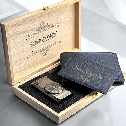 Personalisierbares Luxus-Geschenkset – Lederportemonnaie & Feuerzeug mit Uhr
