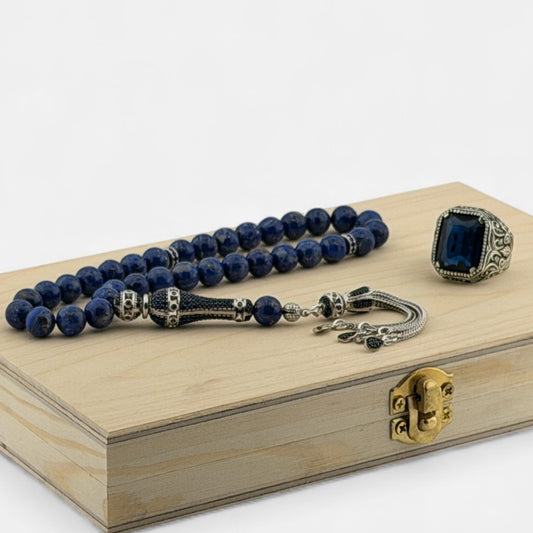 Lapis Taşlı Tesbih & Mavi Zirkon Yüzük Hediye Seti