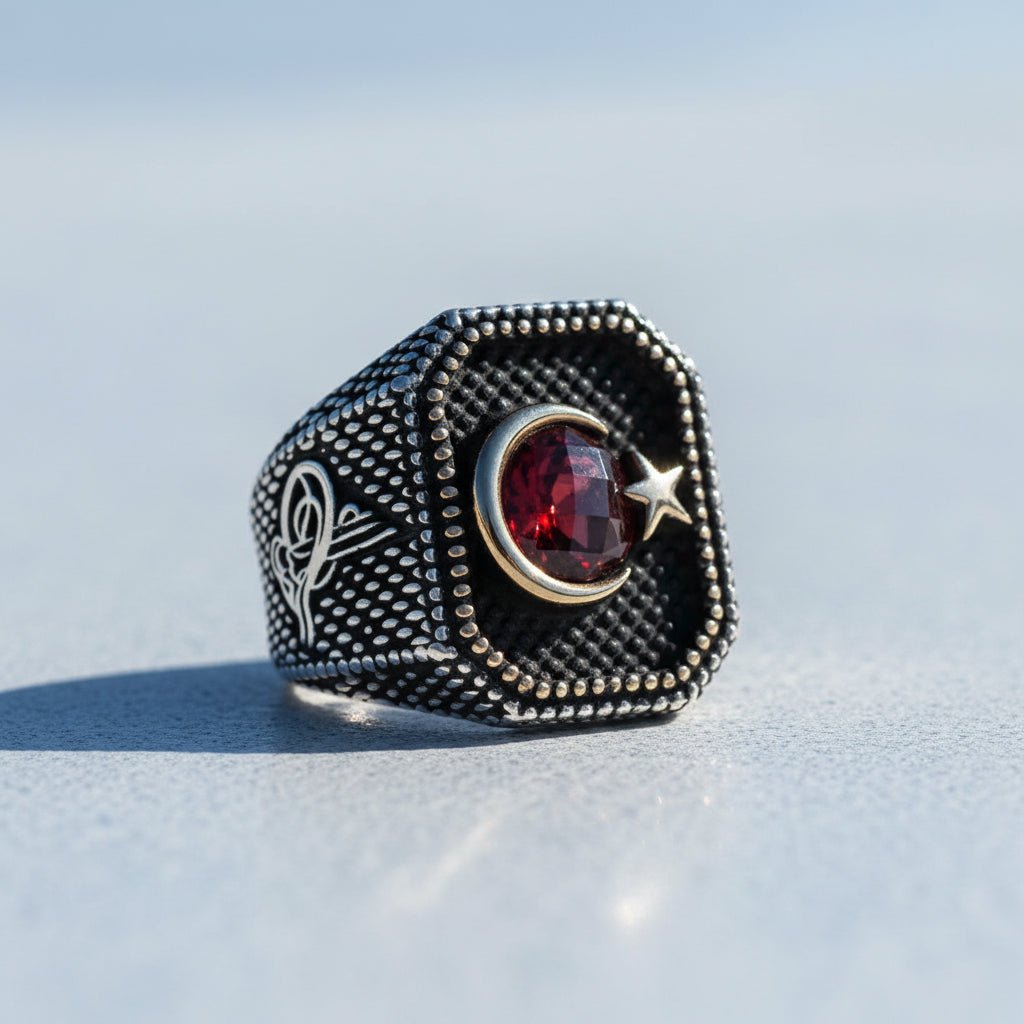 925 Sterling Silver Tuğra Moon Yıldız Men's Ring