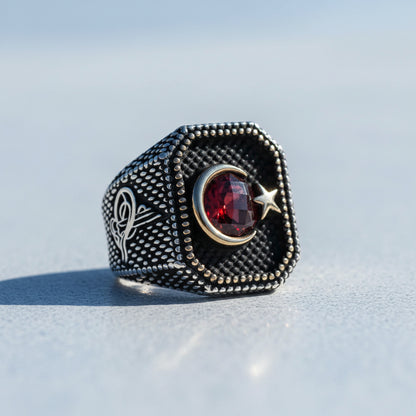 925 Sterling Silver Tuğra Moon Yıldız Men's Ring