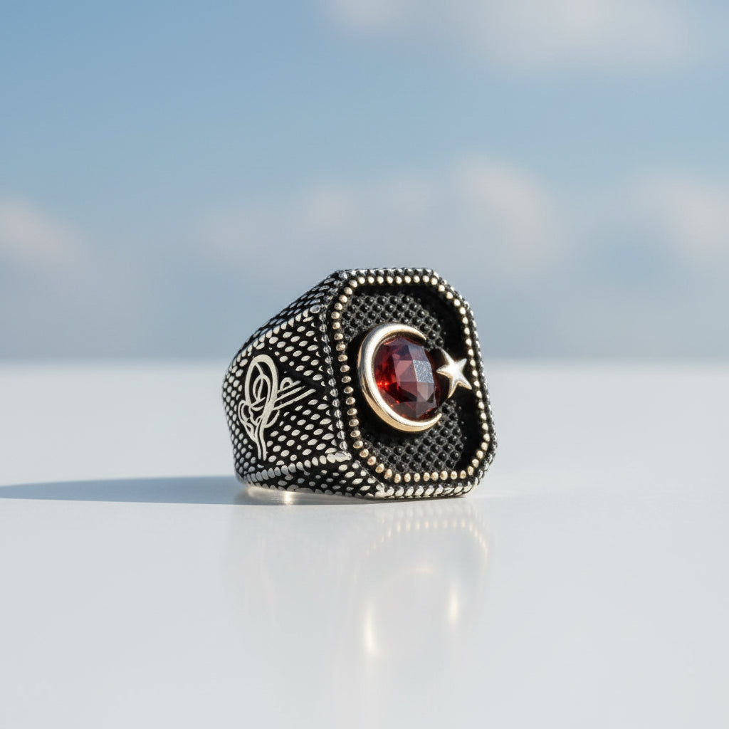 925 Sterling Silver Tuğra Moon Yıldız Men's Ring