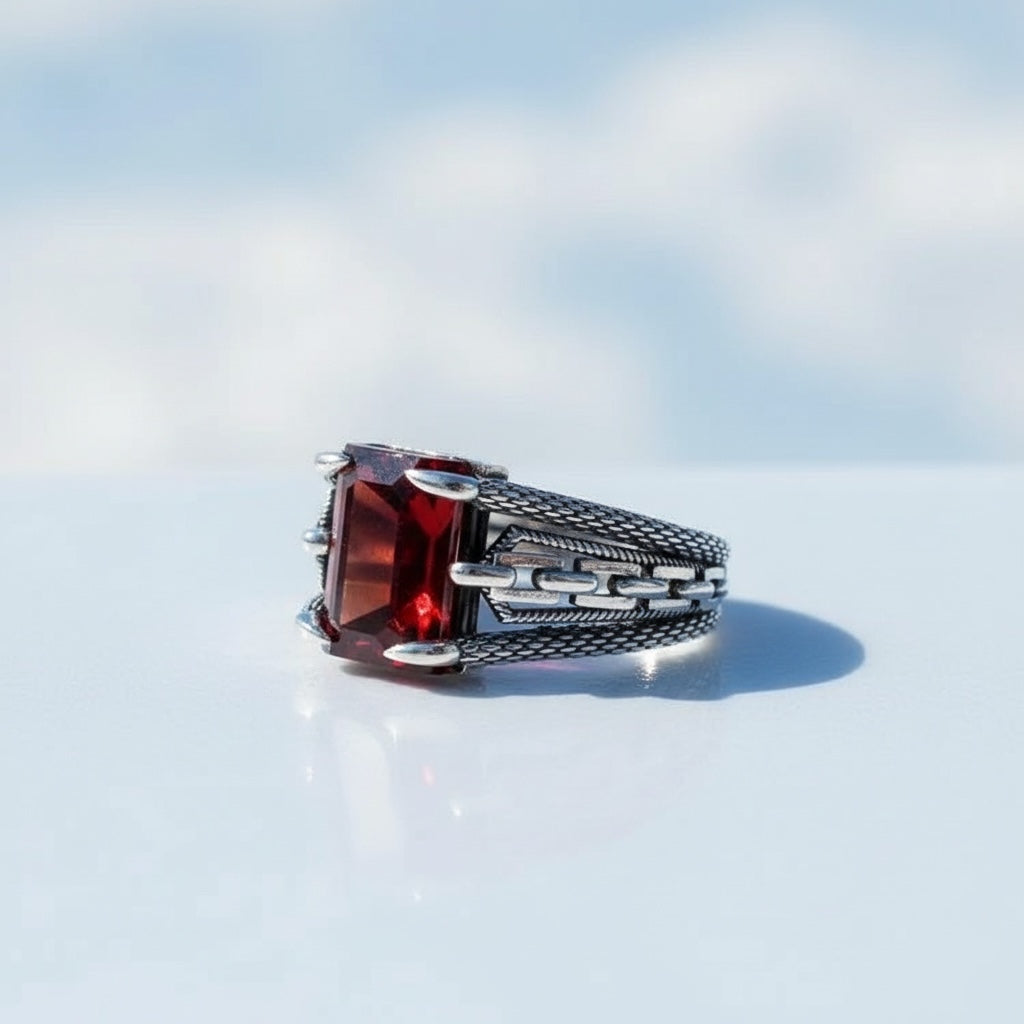 Herren-Silberring mit rotem Zirkonstein 
