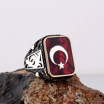 Ay Yıldız Motifli Erkek Yüzüğü - 925 Ayar Gümüş