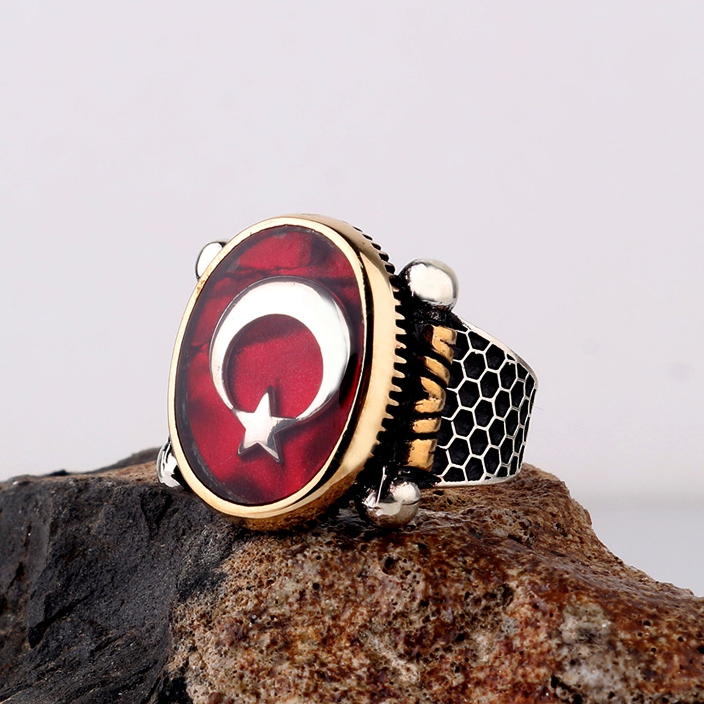 Ay Yıldız Petek Desenli Erkek Yüzüğü - 925 Ayar Gümüş