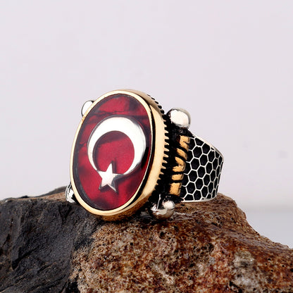 Ay Yıldız Petek Desenli Erkek Yüzüğü - 925 Ayar Gümüş