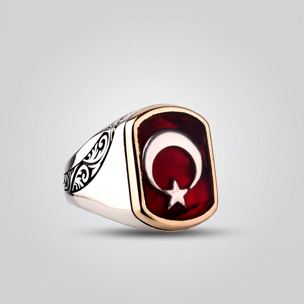 Ay Yıldız Desenli Erkek Yüzüğü - 925 Ayar Gümüş