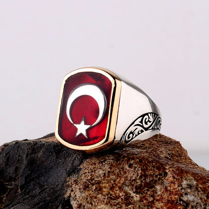 Ay Yıldız Desenli Erkek Yüzüğü - 925 Ayar Gümüş