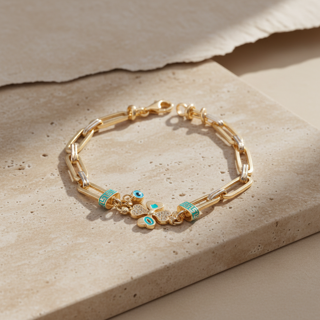 Clover Charm Bracelet with Nazar | 925 Sterling Silver