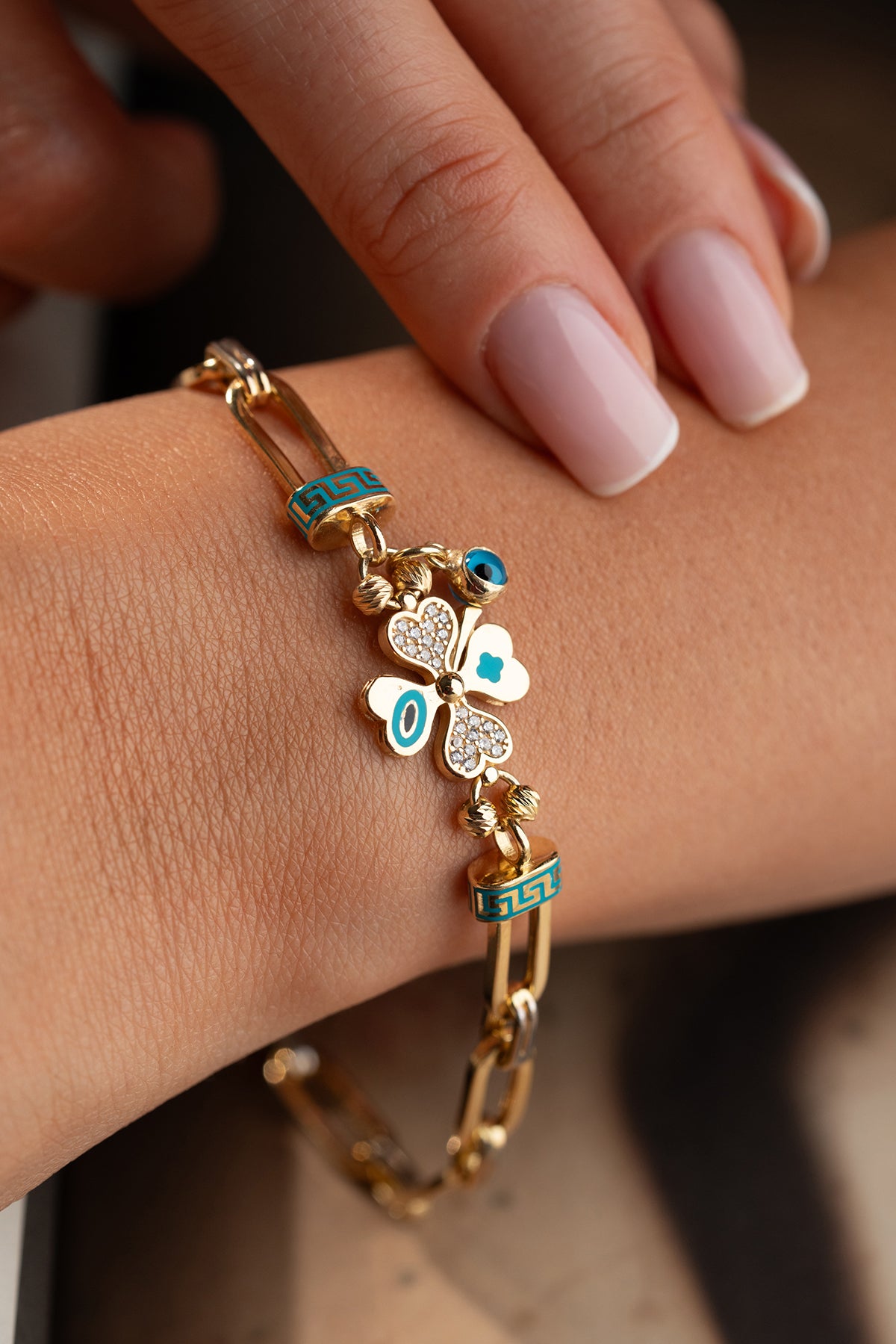 Kleeblatt Charm Armband mit Nazar | 925 Silber